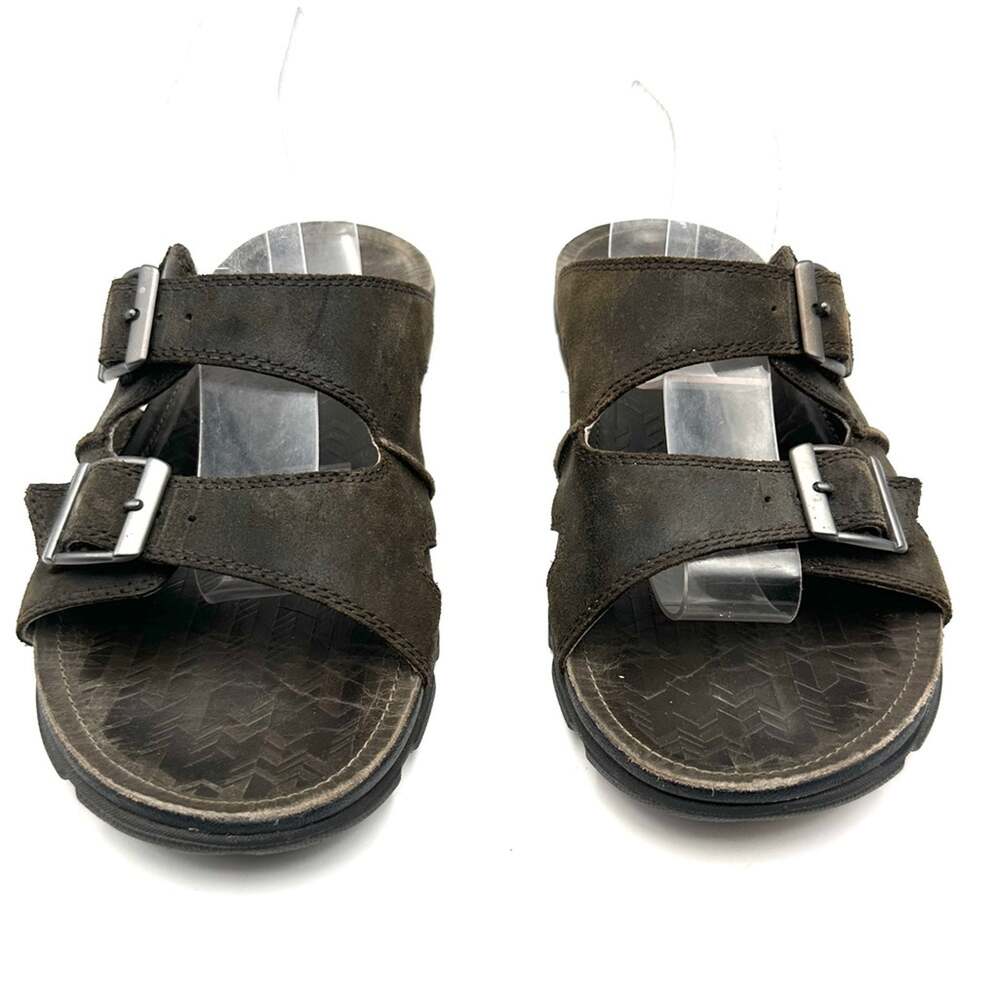 CHACO Men's Sandals 9 Brindle Slides Brown Leather Casual Buckle Strap Open Toe